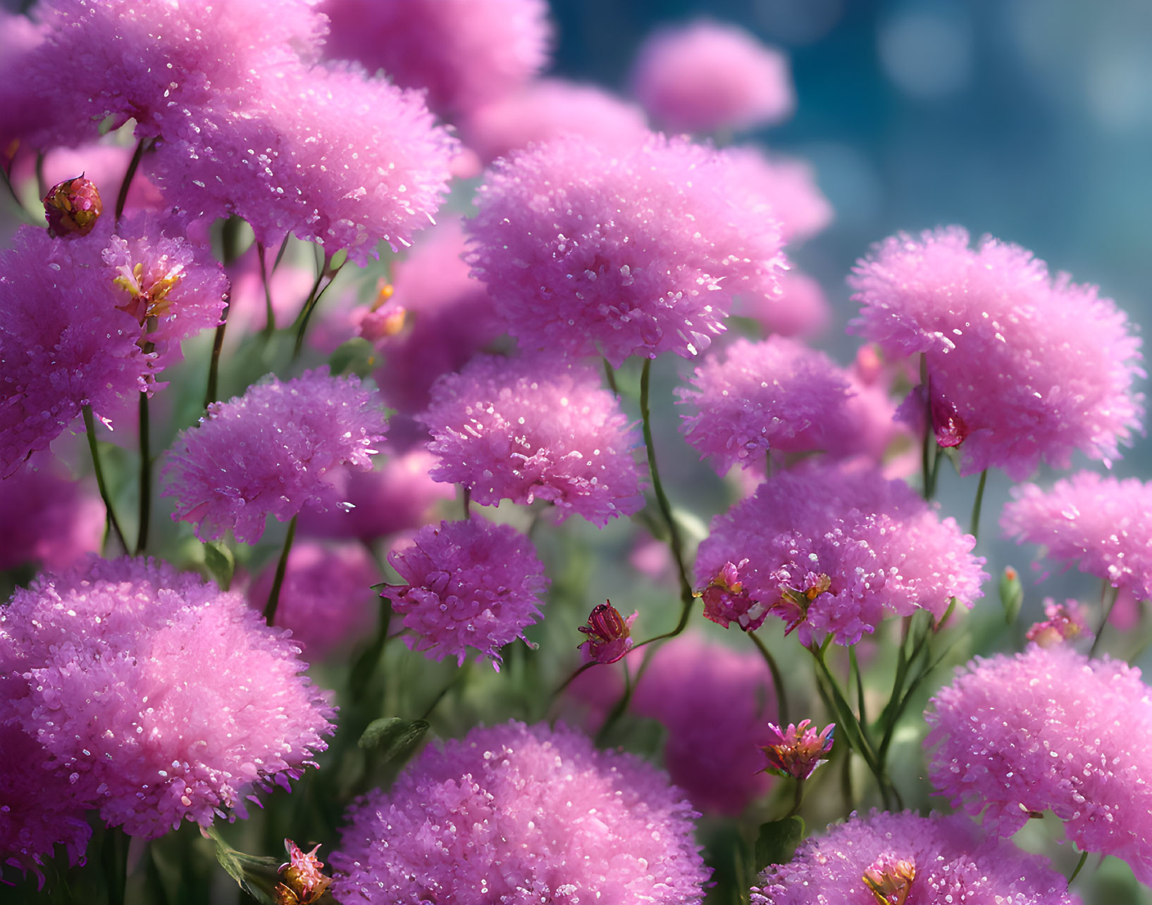Pink Fluffy Flowers with Dew Drops on Blue Bokeh Background