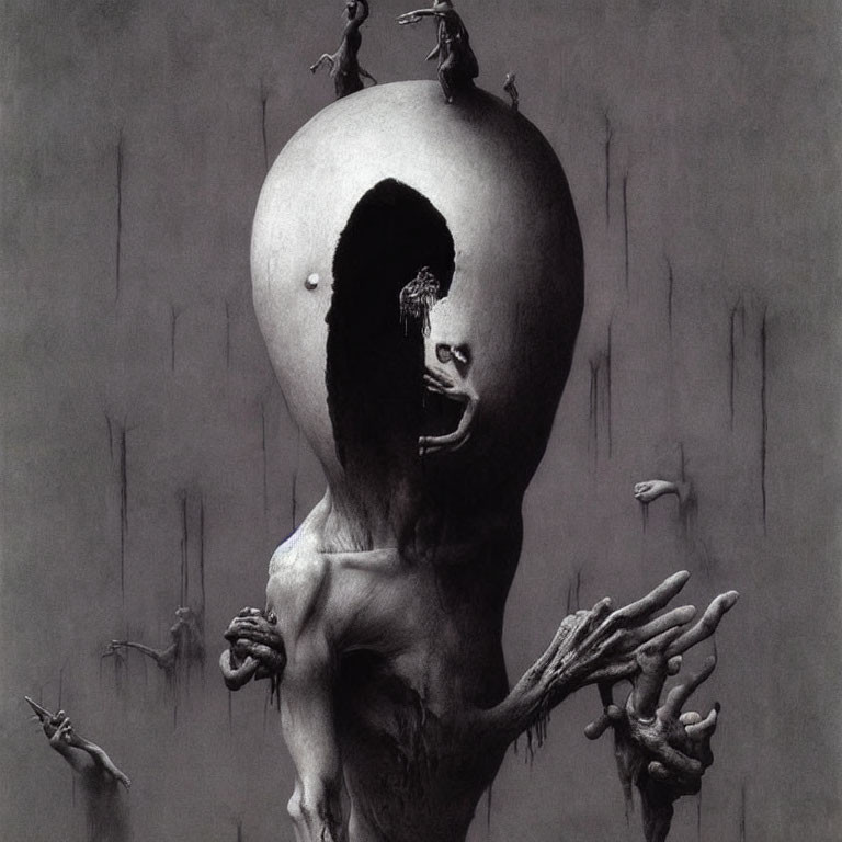 Surreal black and white image: Human figure with egg-shaped head cracked open, figures emerging,