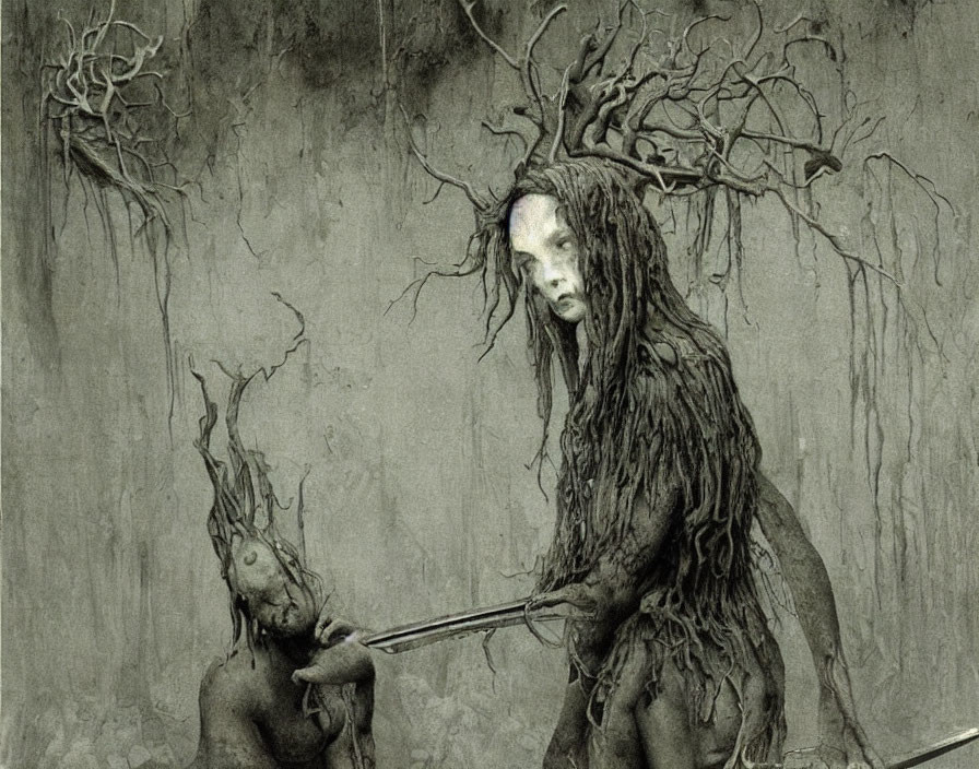 Illustration of mythical tree-like beings with intricate branch hair and somber expressions
