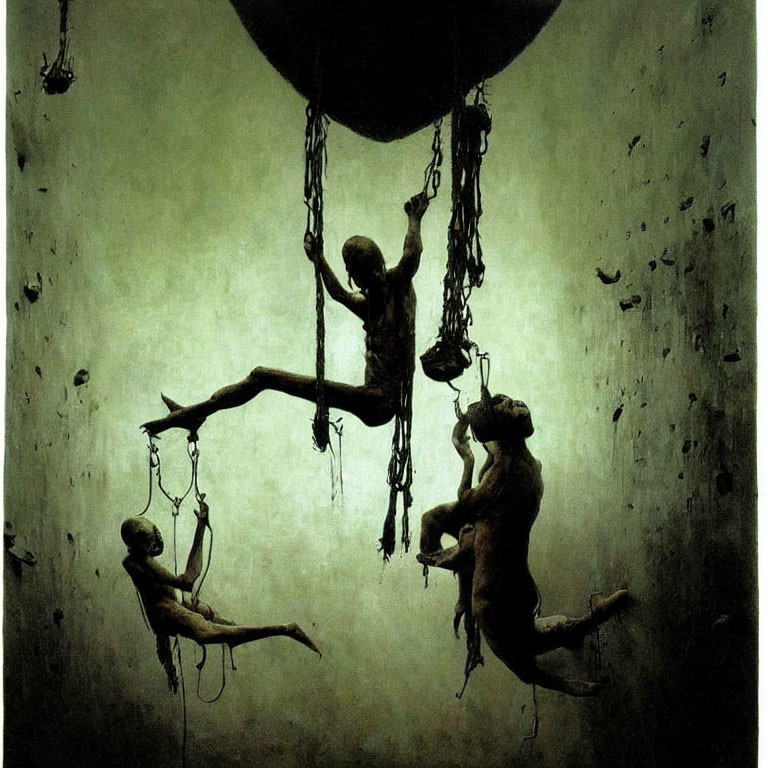Surreal artwork: Figures hanging from chains, dark orb, green ambiance