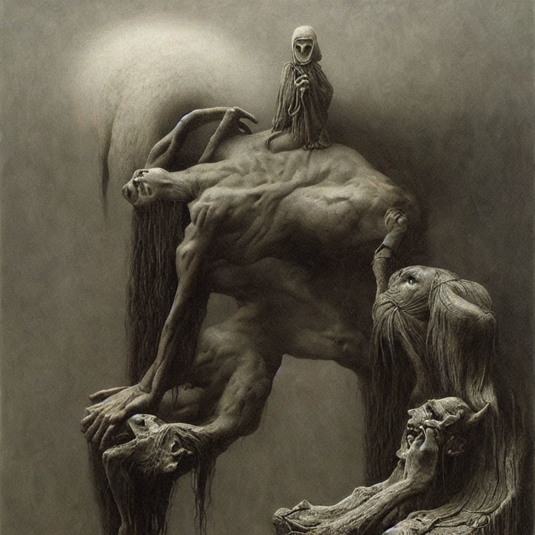 Surreal illustration: cloaked figure on four-armed creature with anguished faces