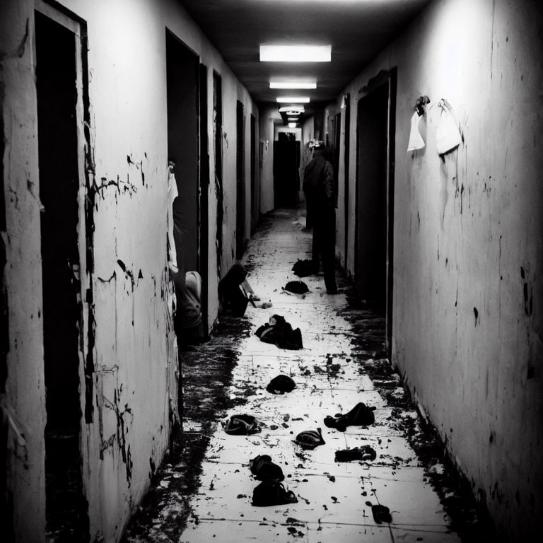 Monochrome photo of distressed corridor with scattered shoes and figures in despair