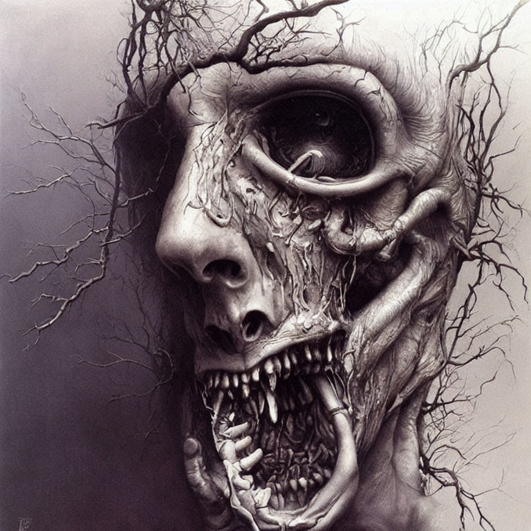 Monochromatic artwork of gruesome skull-like creature with decay textures