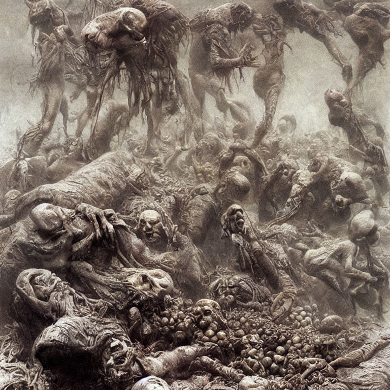 Macabre art piece of grotesque humanoid figures in chaotic display