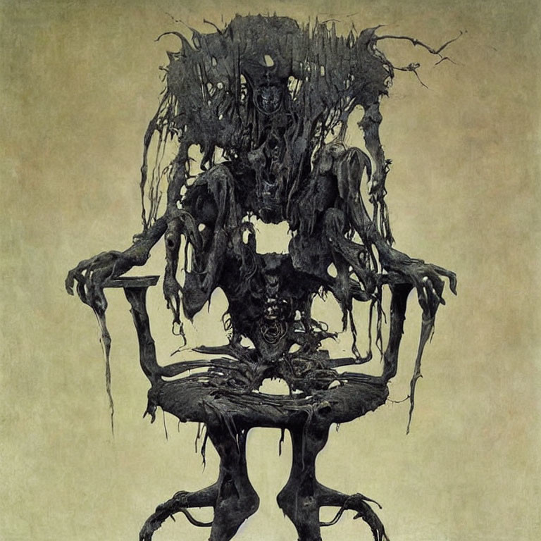Abstract dark-toned artwork: Figure merged with chair, fluid shapes