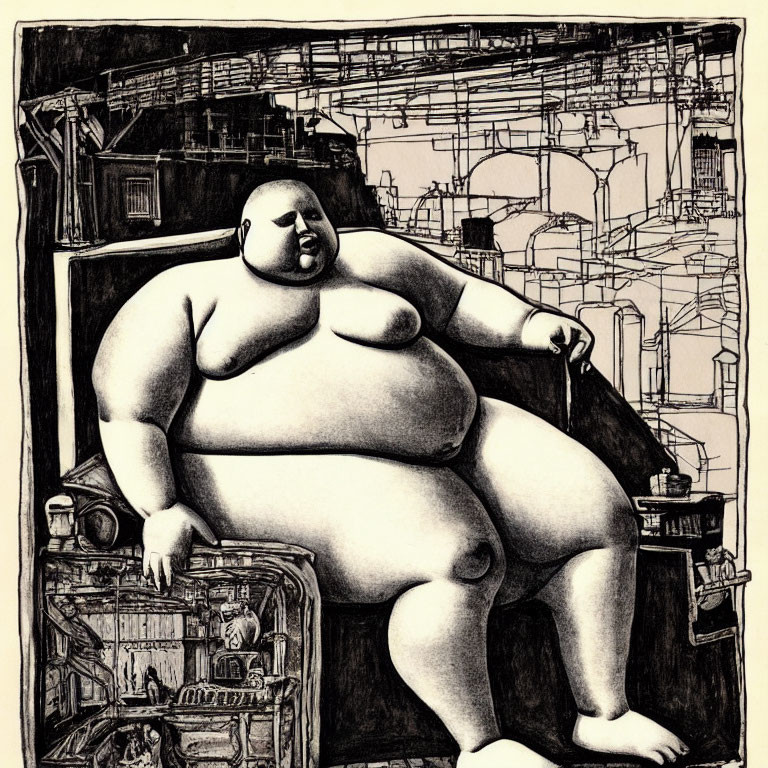 Large Person Sitting on Chair with Intricate Cityscape Background