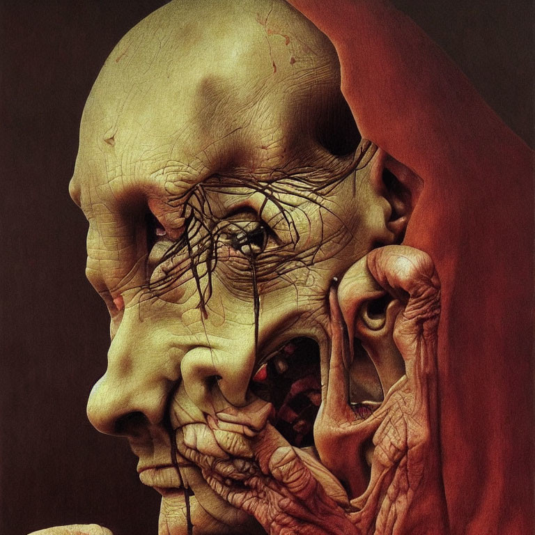 Hyper-realistic humanoid figure with exposed skull and intense gaze on dark background