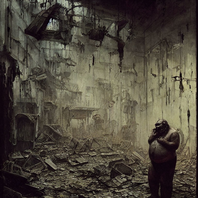 Dilapidated room with forlorn figure in mask holding object