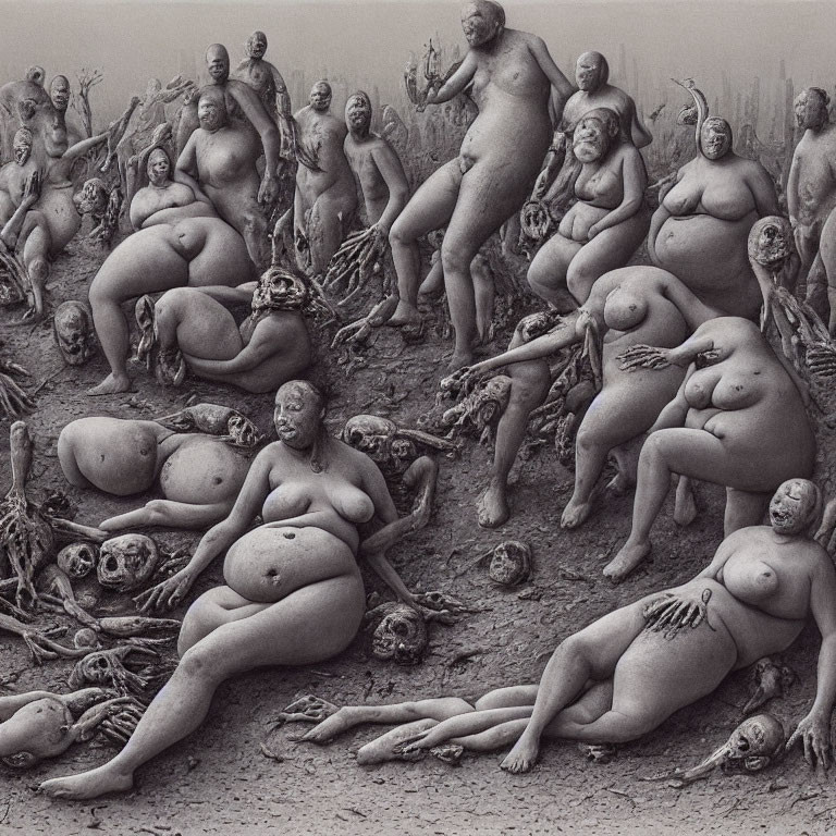 Surreal illustration of naked figures among scattered skulls