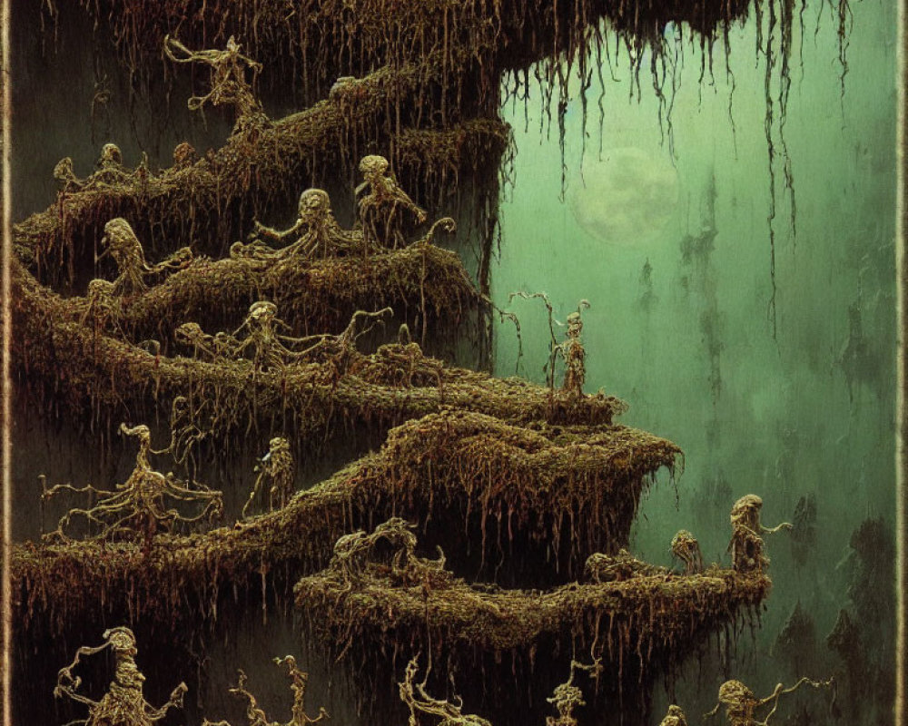 Fantastical eerie landscape with twisted roots and green sky