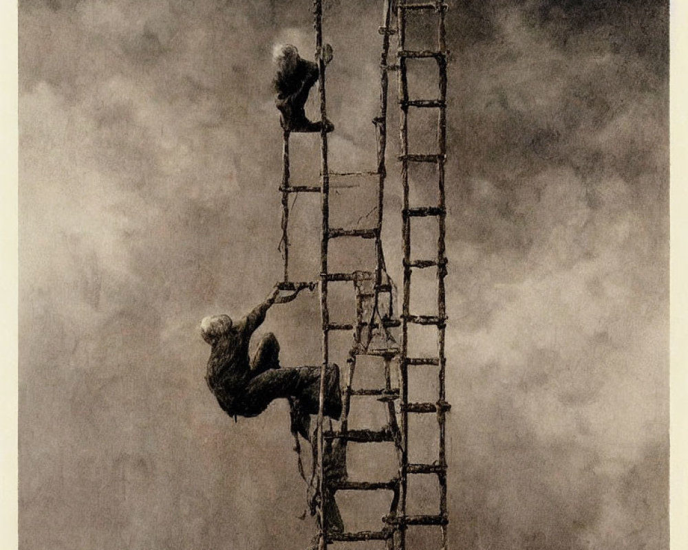 Two people climbing old rope ladder in vintage-style image