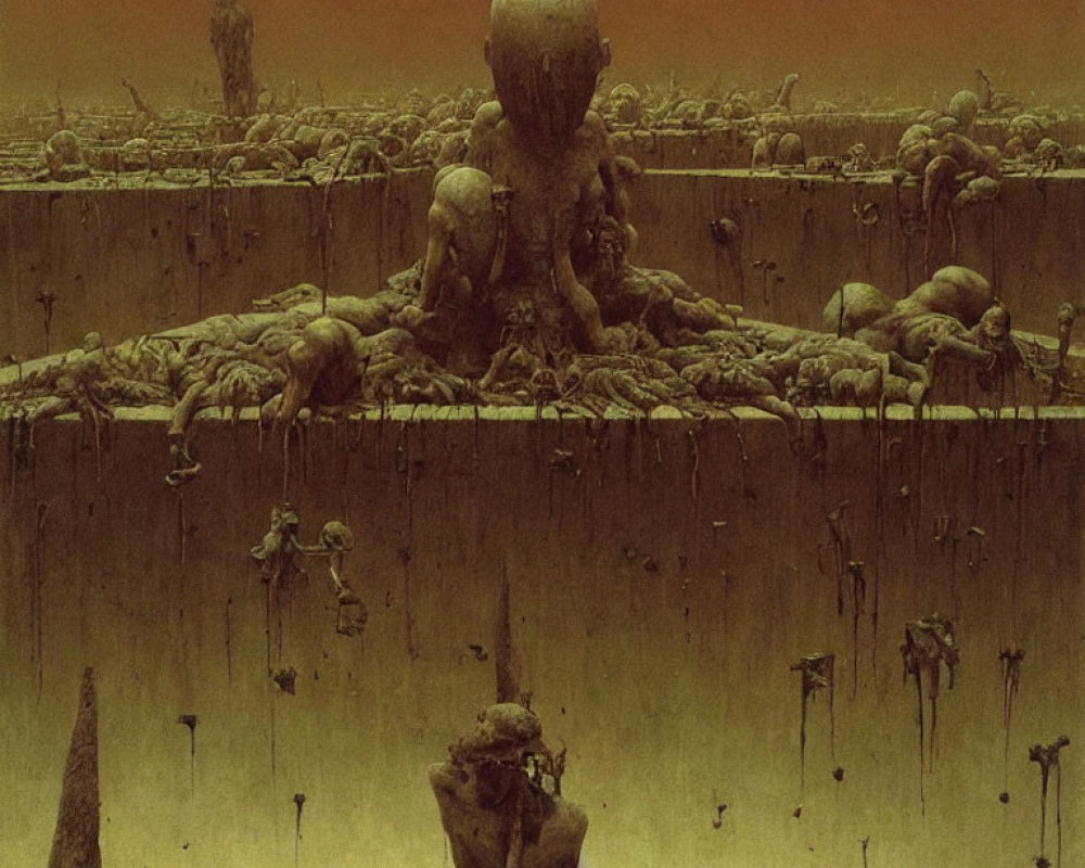 Dystopian landscape with humanoid figures in despair and mutation