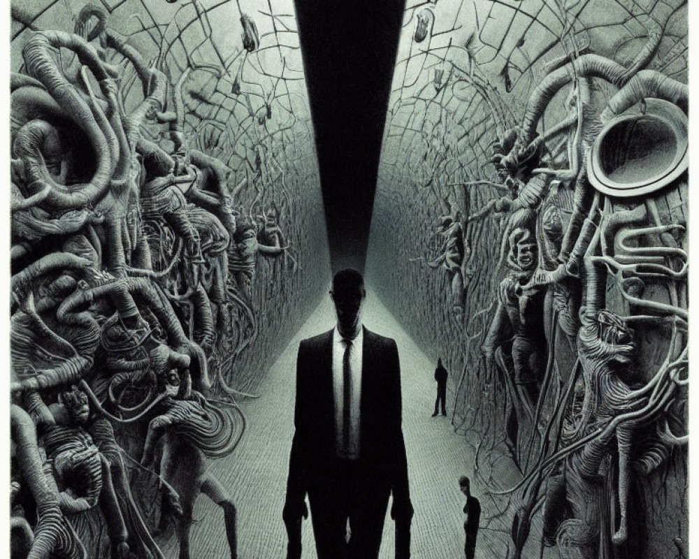 Surreal artwork featuring man in suit in tunnel with abstract shapes.