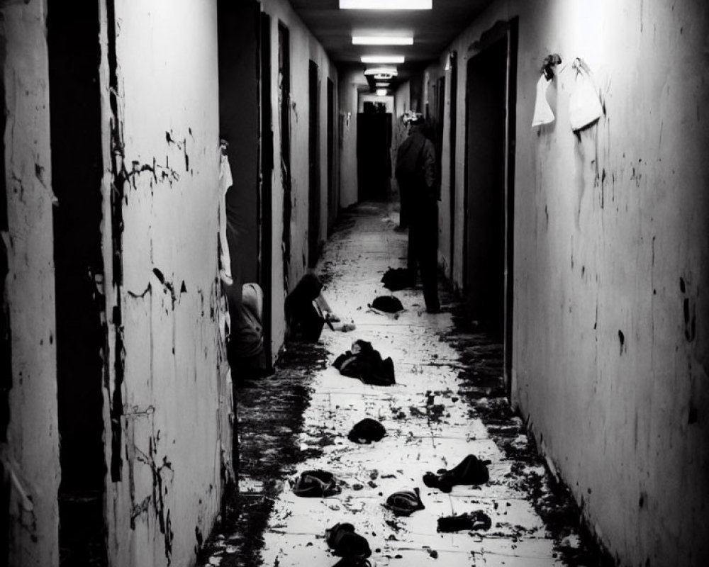 Monochrome photo of distressed corridor with scattered shoes and figures in despair