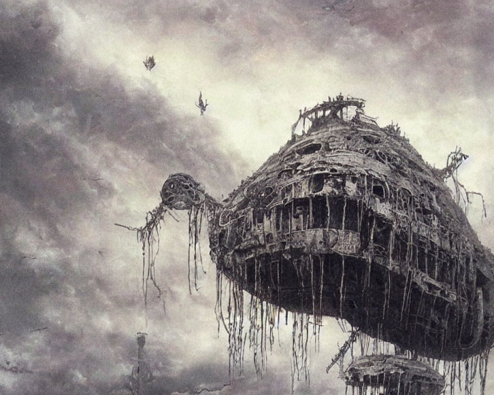 Decrepit futuristic airship in stormy skies with hanging tendrils and smaller vessels.