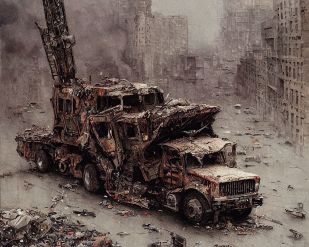 Dystopian urban ruins with damaged crane truck and debris under bleak sky