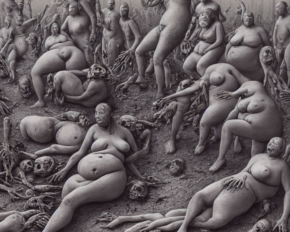 Surreal illustration of naked figures among scattered skulls