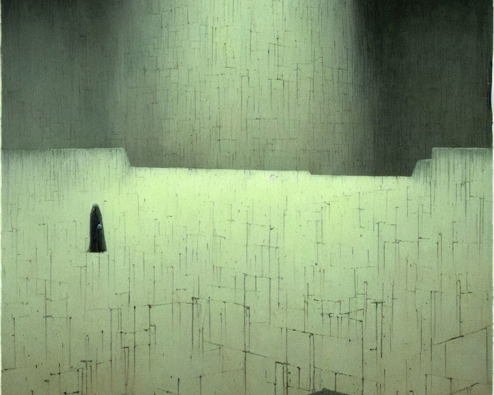 Mysterious cloaked figure in abstract room with geometric shapes.