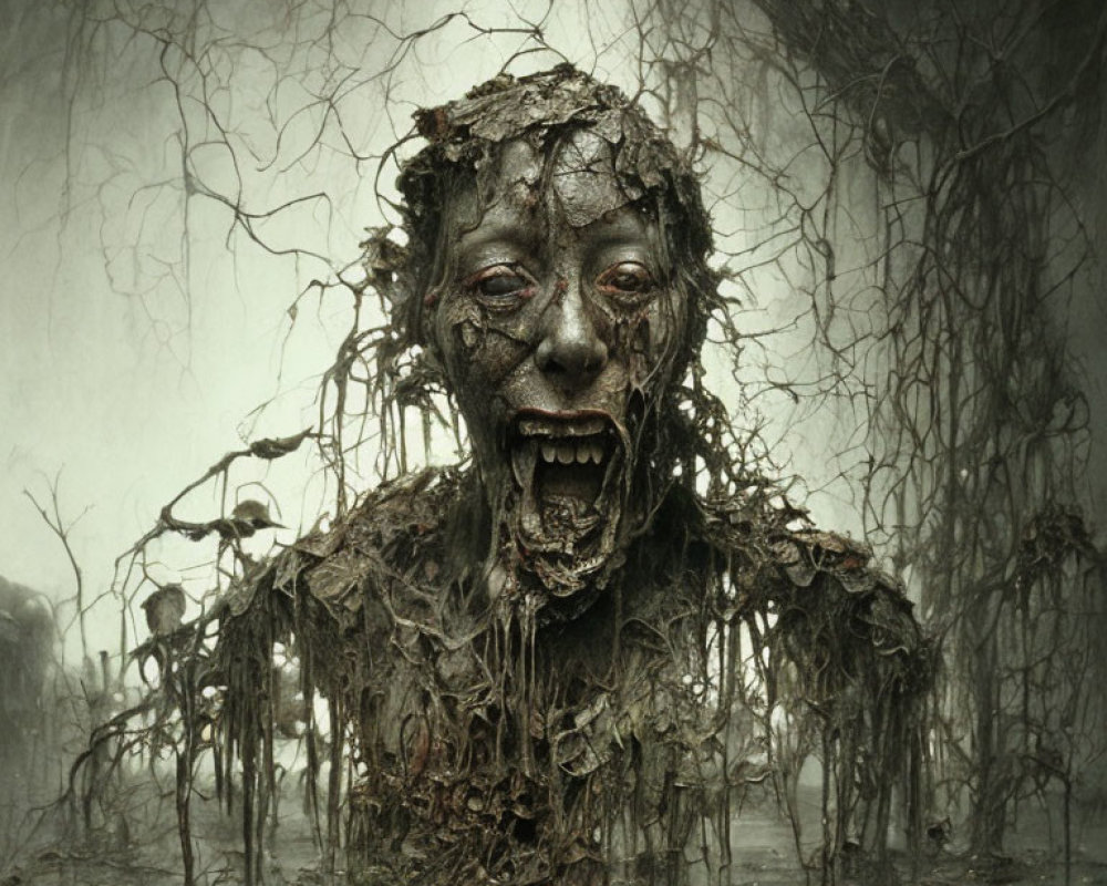 Grotesque decomposed figure with wide horrified eyes in murky, vine-entwined background