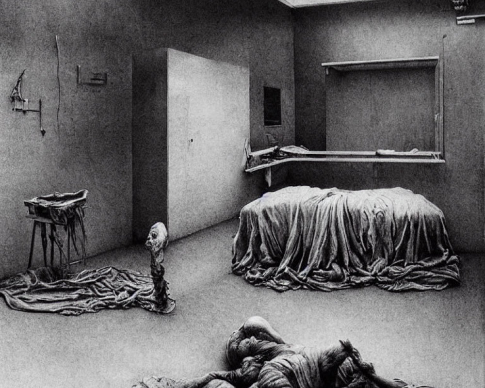 Surreal grayscale room with distorted figures & draped objects