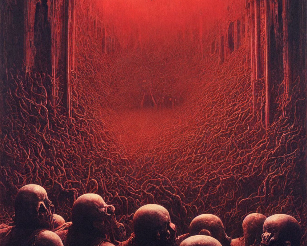 Red-toned macabre artwork: Skull-like figures in cavernous space