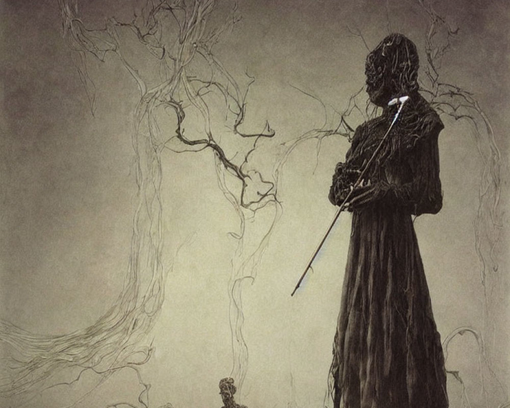 Illustration of towering robed figure with scythe in eerie forest