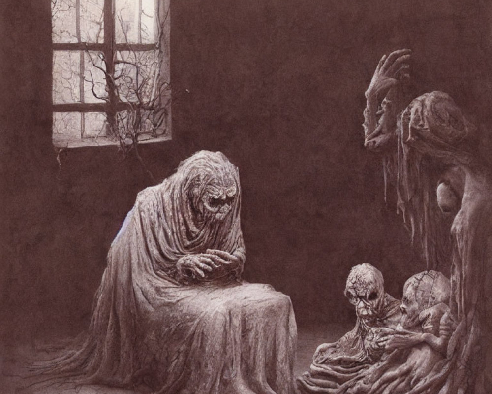 Eerie illustration of robed figure and skeletal creatures in dimly lit room