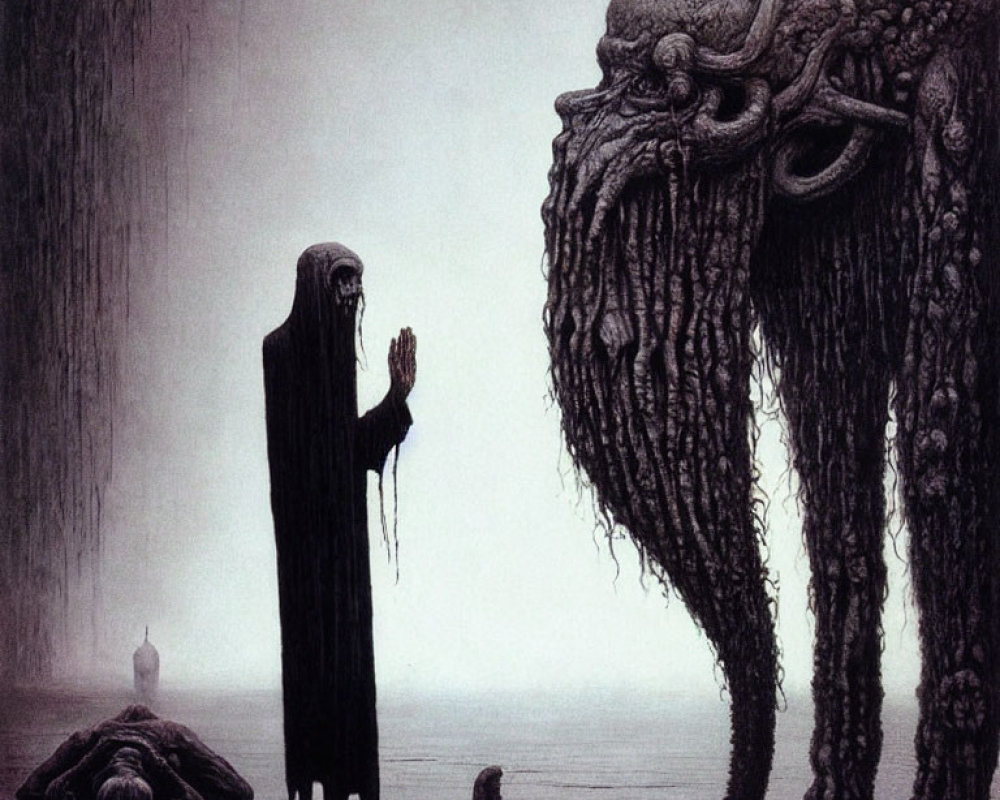 Robed figure with outstretched hand faces large creature under gloomy sky