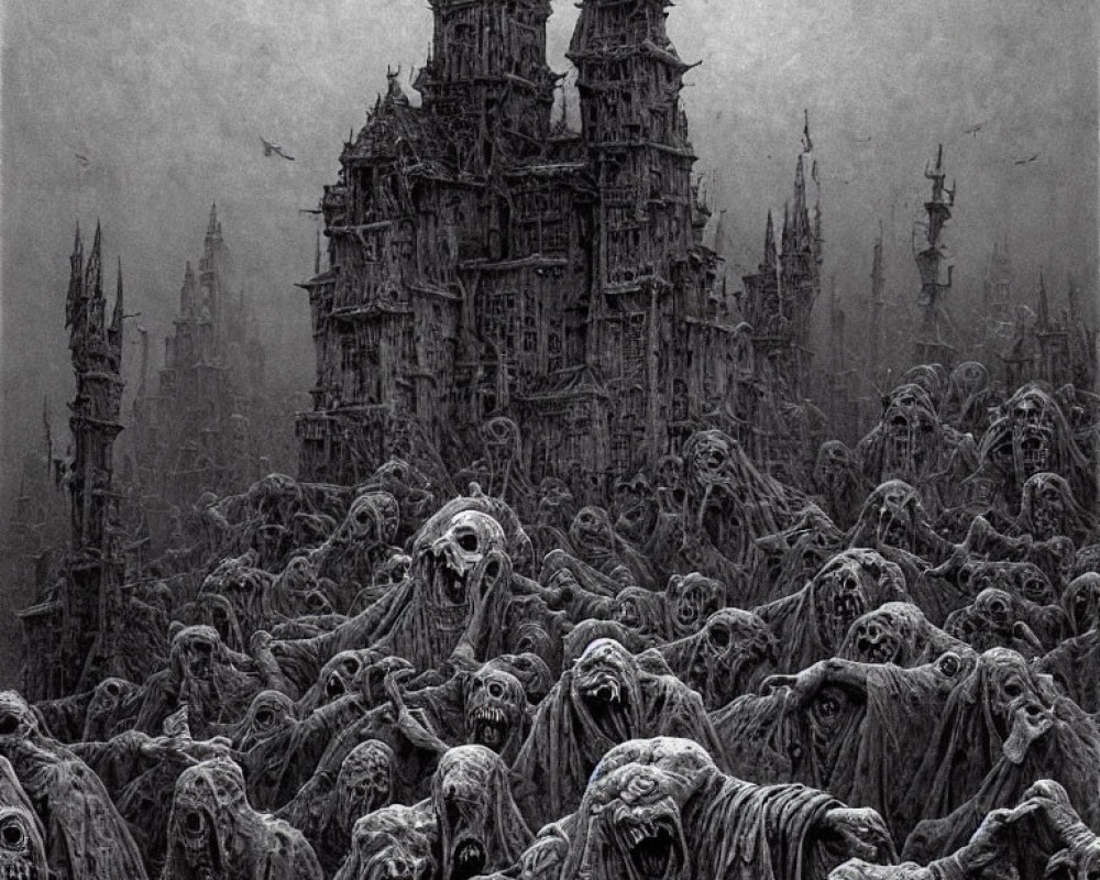 Monochrome artwork of grotesque figures in agony with dark castle.