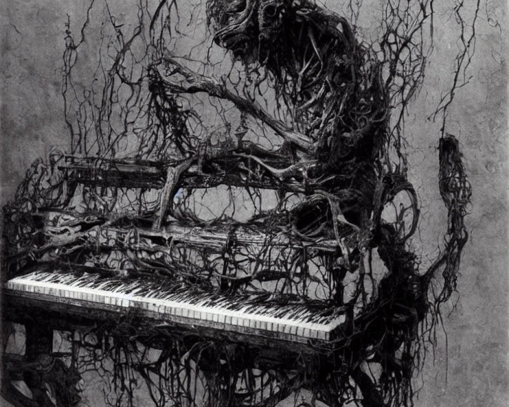 Monochrome illustration of skeletal figure merging with piano in intricate web.
