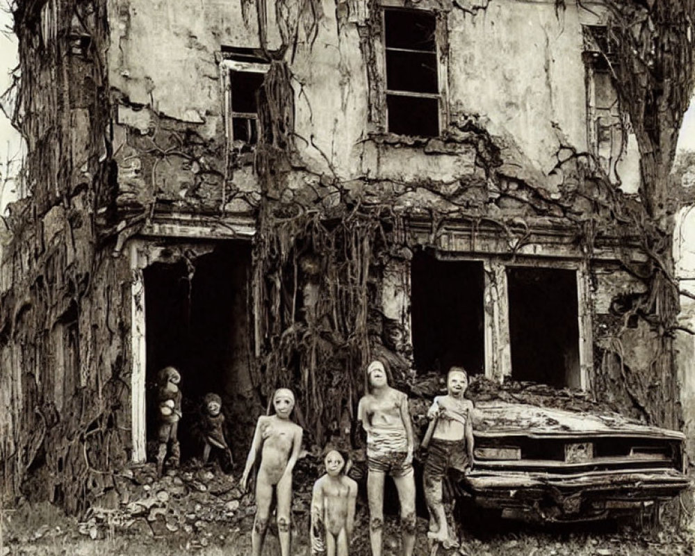 Aged ivy-covered building with damaged facade and rusted car, surreal figures nearby