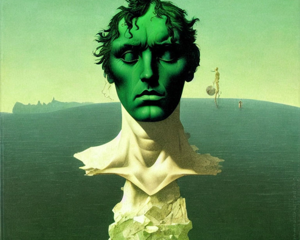 Surreal artwork: Green-faced bust in water with person on stilts