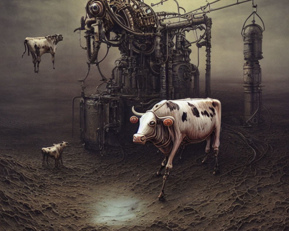 Surreal landscape featuring cows and mechanical structure in dark setting