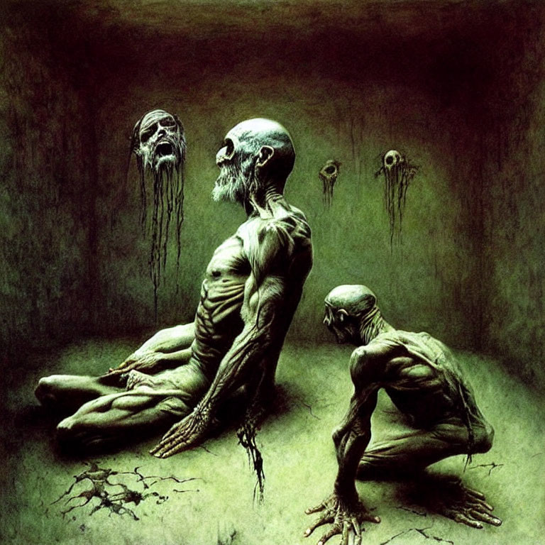 Emaciated Figures with Skull-like Features in Gloomy Space