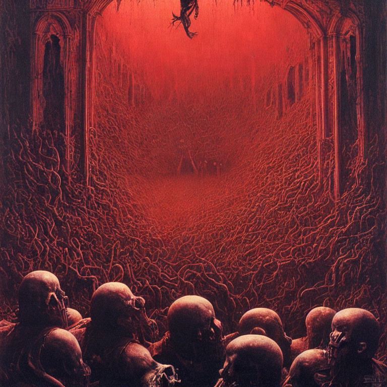 Red-toned macabre artwork: Skull-like figures in cavernous space