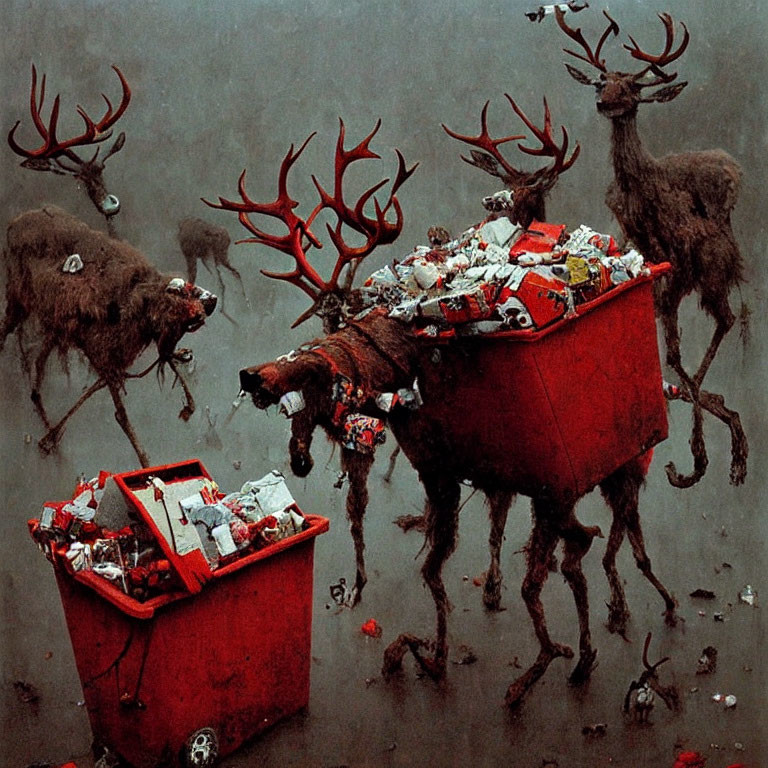 Garbage Bins with Trash and Reindeer Silhouettes Showing Environmental Impact