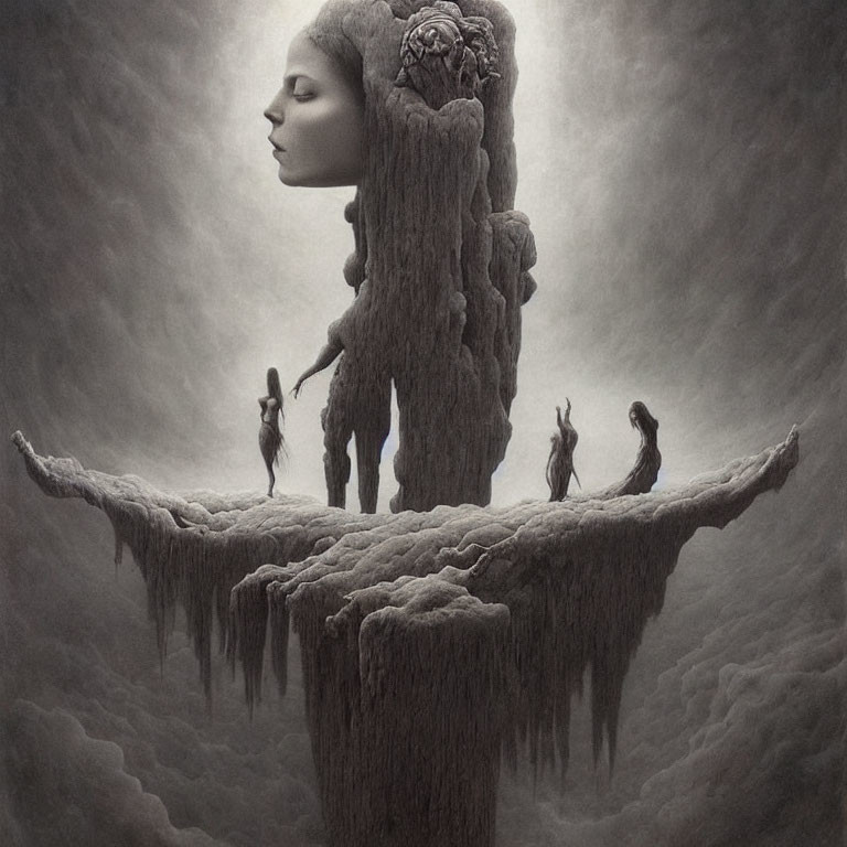 Surreal artwork of giant stone head with hair waterfall on floating island
