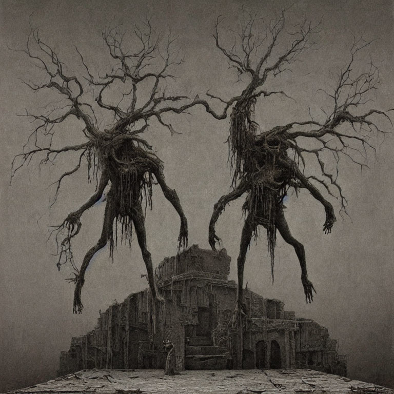 Symmetrical surreal artwork with gnarled trees and ancient building against moody background