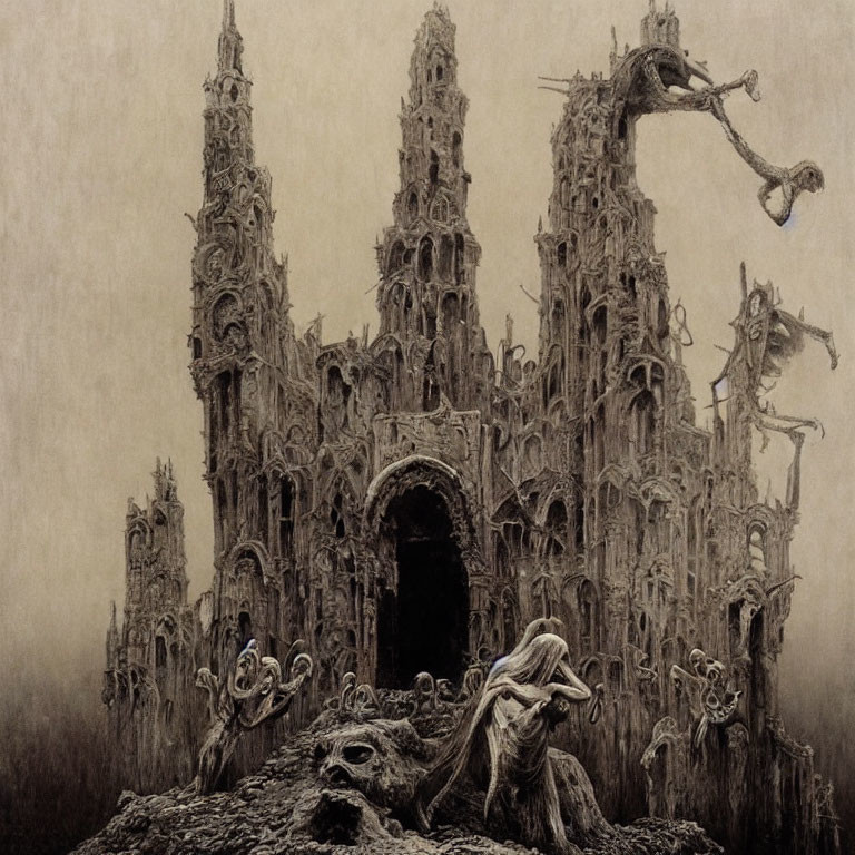 Detailed Gothic Landscape Drawing with Haunting Figures
