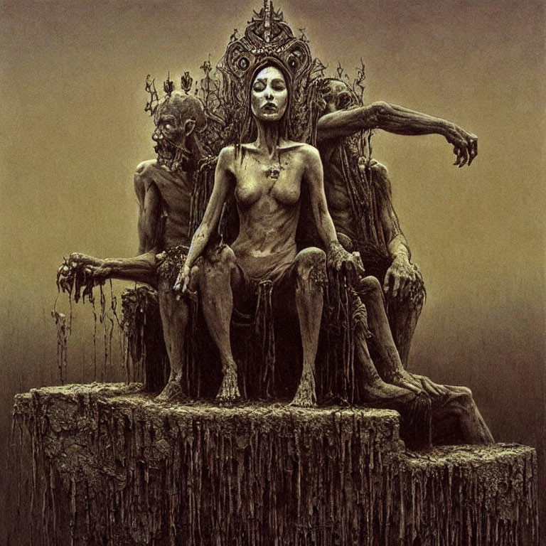 Monochromatic surreal artwork of crowned figure on throne with eerie melded figures