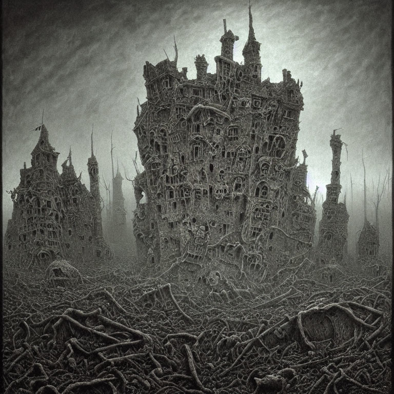 Detailed Monochrome Surreal Castle Drawing with Eerie Towers & Bone Landscape