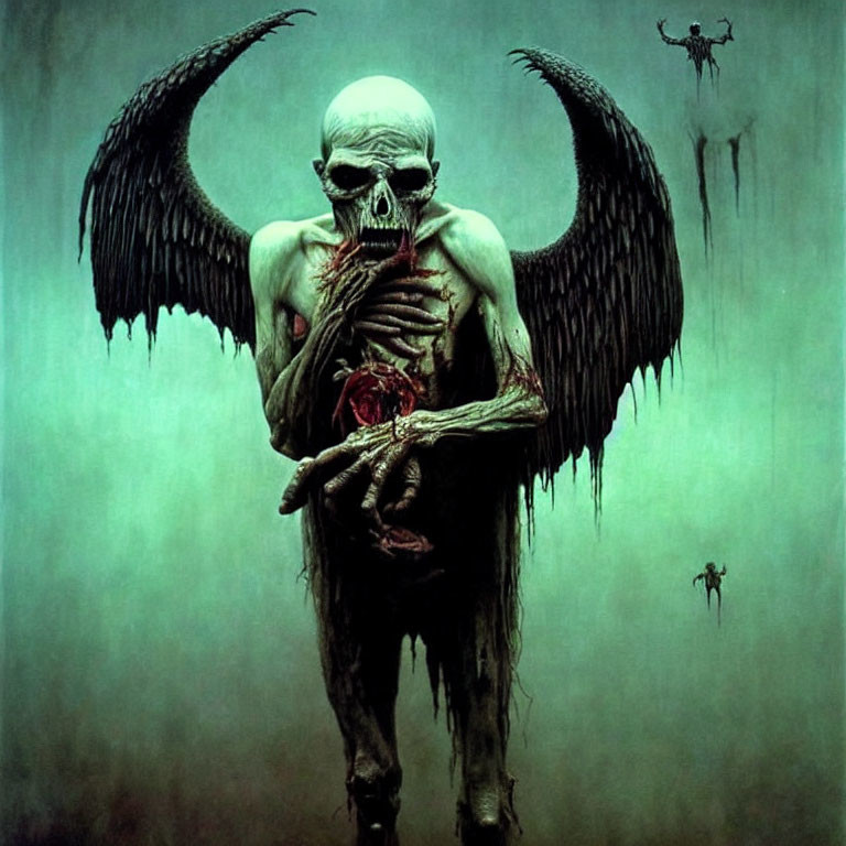 Skeleton with black wings holding red rose in misty green setting