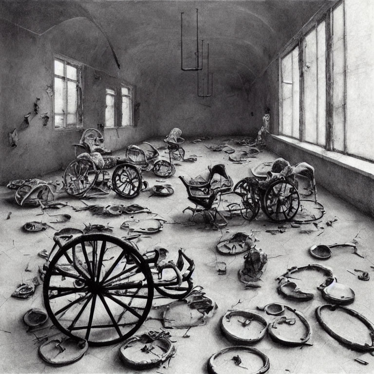 Abandoned room with scattered wheelchairs and broken clocks