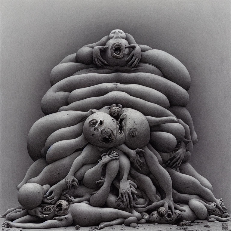 Surreal black-and-white artwork of intertwined humanoid figures