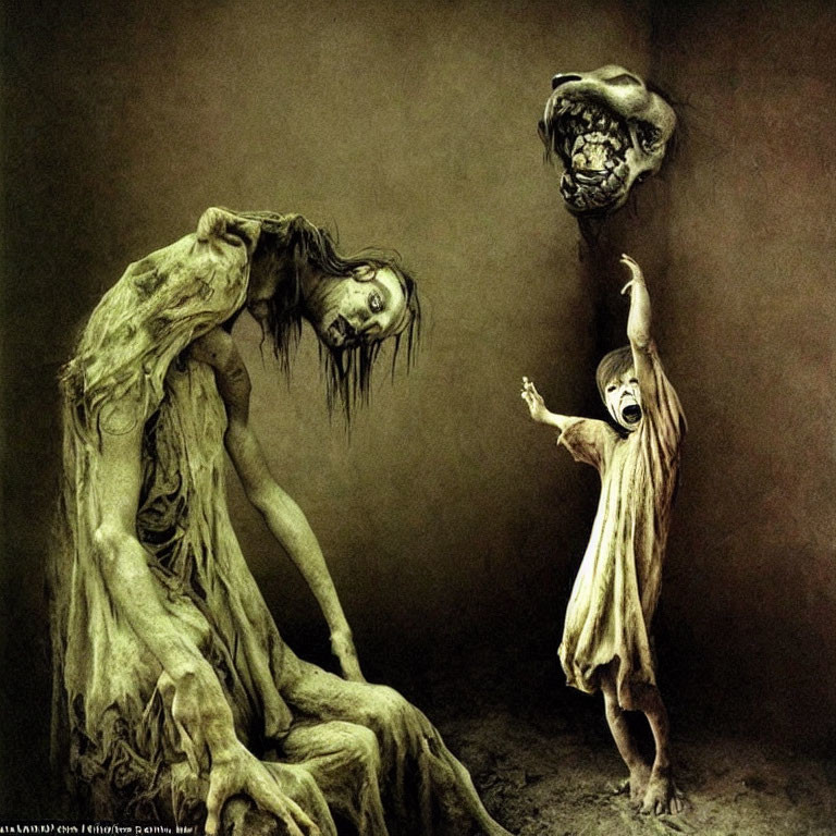 Surreal artwork: distressed child and grotesque figure