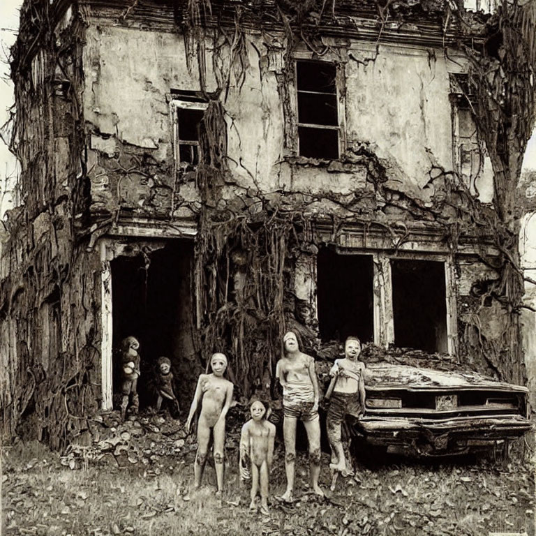 Aged ivy-covered building with damaged facade and rusted car, surreal figures nearby