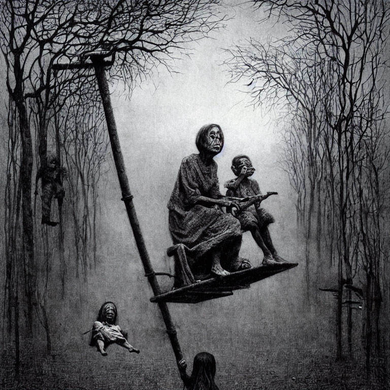 Surreal grayscale artwork of haggard woman on swing under barren tree