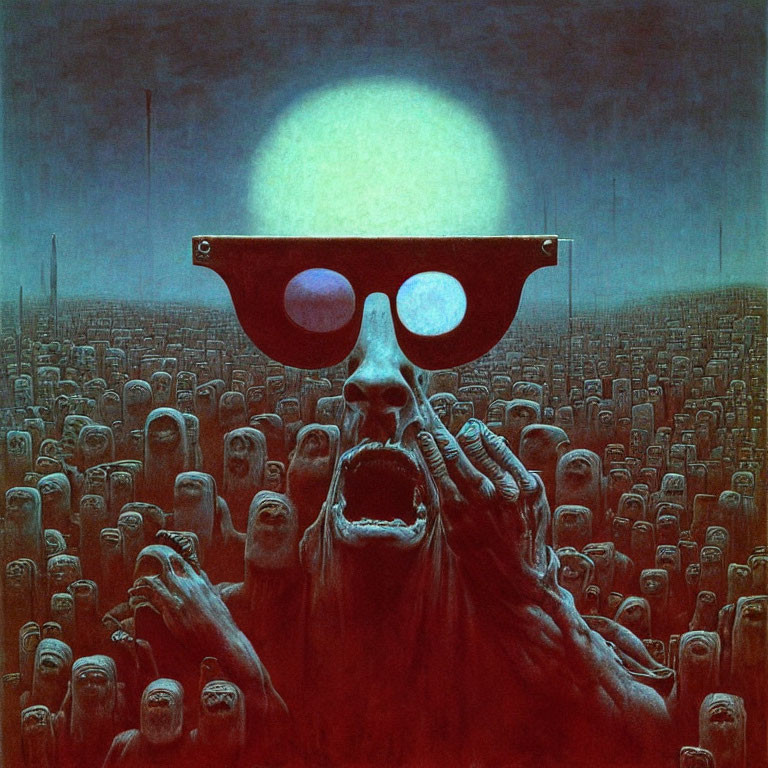 Surreal illustration of large figure with glowing orb and faceless crowd