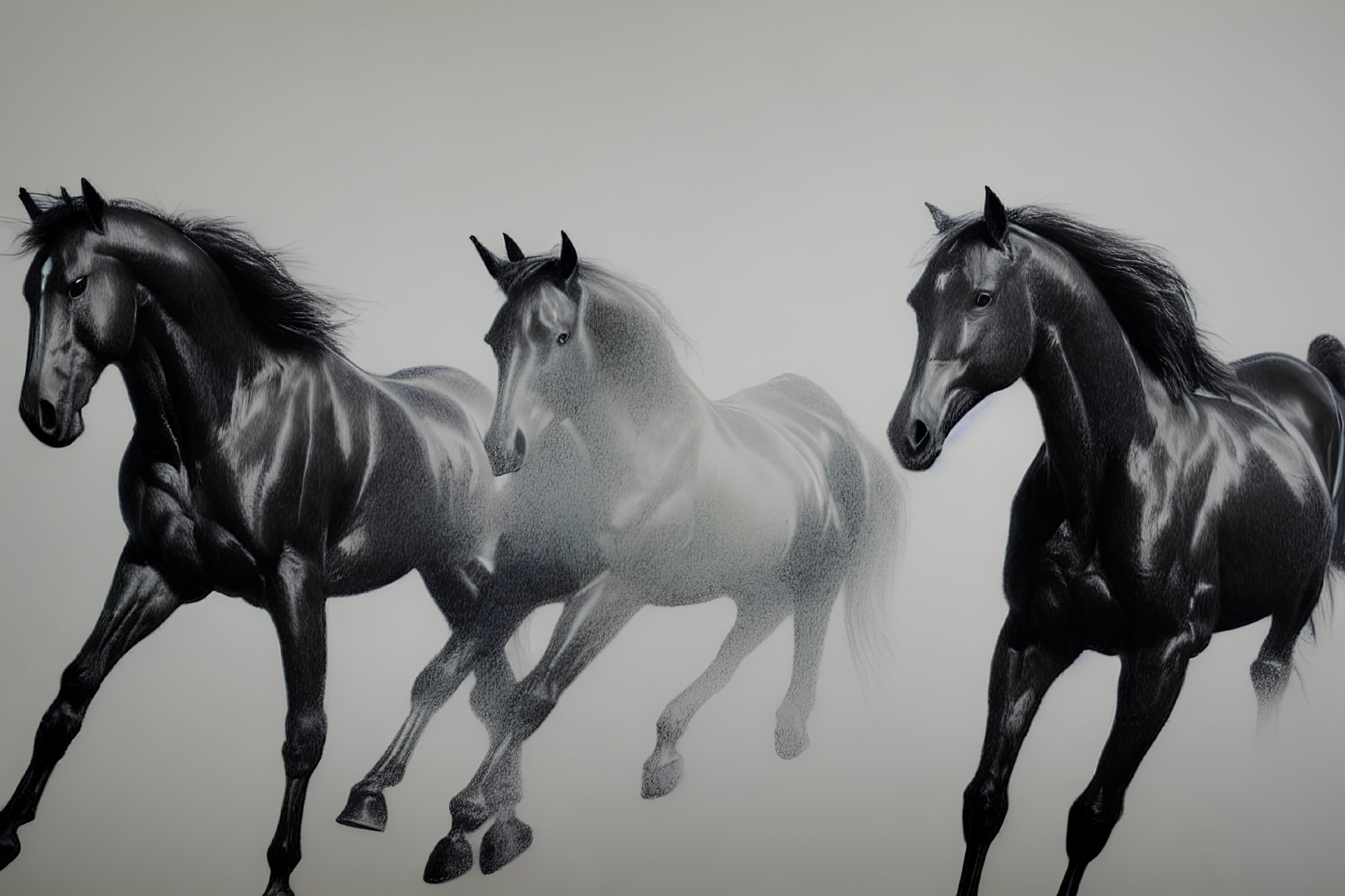 Illustration of Three Black Horses in Varying Opacity