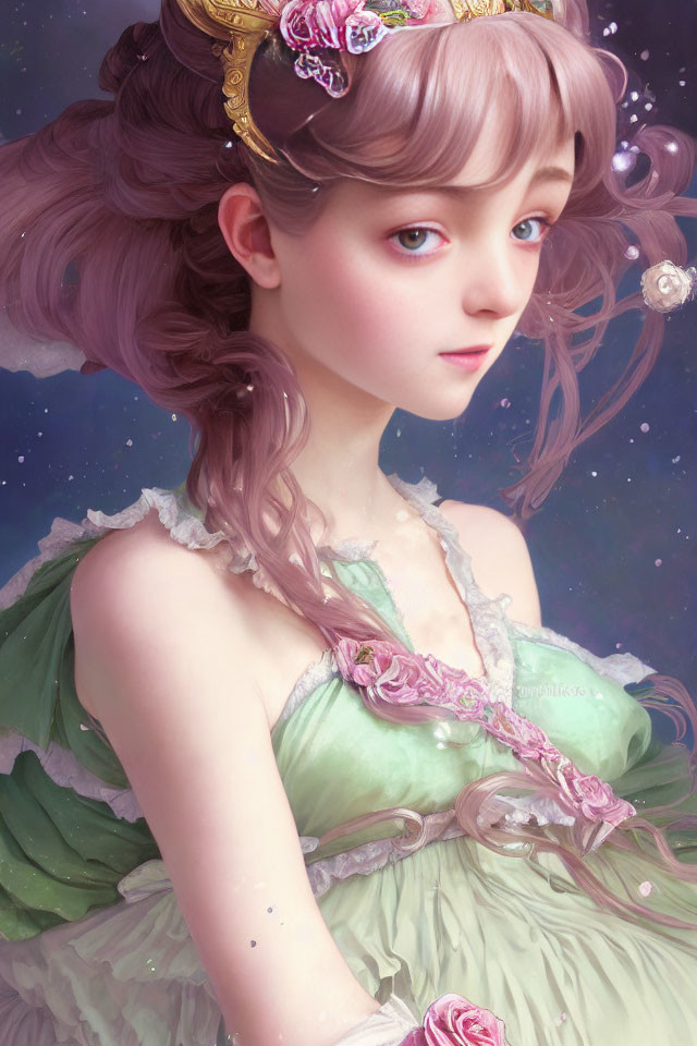 Digital artwork featuring young woman with violet eyes and wavy purple updo, in green dress with rose